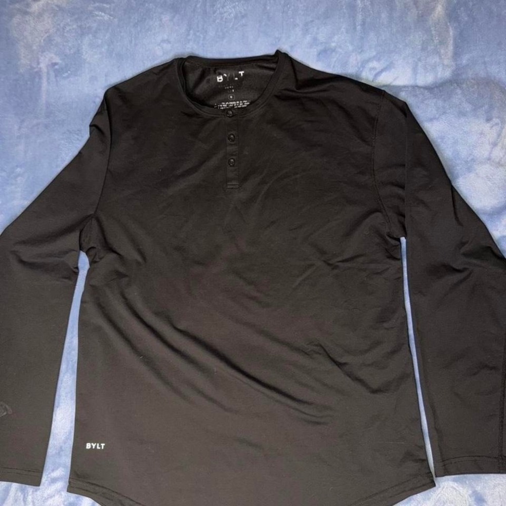 BYLT Henley Shirt Mens Brown Drop Cut Lux Stretch Curved Hem Long Sleeve size xl